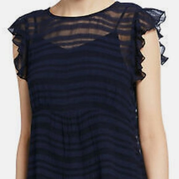 Frame Denim | Tops | Frame Ruffle Shoulder Sheer Stripe Sleeveless Navy ...